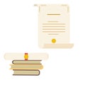 Unrolled and rolled diploma paper icon with stamp and books