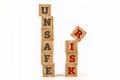 Unsafe and Risk word written on cube shape.