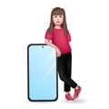 Unsatisfied Woman Standing and Leaning on the Smartphone. 3D Emotional Character