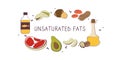 Unsaturated fatty acids-containing food. Groups of healthy products containing vitamins and minerals. Set of fruits