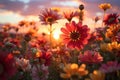 Unset meadow vibrant wildflowers in evening light, sunrise and sunset wallpaper