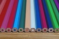 Unsharpened multicolored pencils on wicker bedding close up Royalty Free Stock Photo