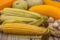 An unshelled ear of corn, young garlic in a wicker basket, marble pumpkins and yellow zucchini on the table. Autumn harvest. Royalty Free Stock Photo