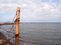 Unsightly a bamboo pole and barbed wire were left on inundated seashore caused by strong ocean waves of typhoons. Royalty Free Stock Photo