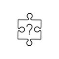 Unsolved puzzle linear icon. Jigsaw pieces and question mark. Difficult task solution. Thin line illustration. Contour