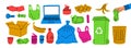 Unsorted garbage set. Plastic, glass, metal, paper, organic waste illustration. Set of different types garbage. Colored Royalty Free Stock Photo