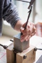 The unspecific girl engraving of the stone for logo stamp in Wuhan, This  is one of the ancient culture of China. Royalty Free Stock Photo