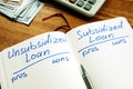 Unsubsidized vs Subsidized loans pros and cons in note pad Royalty Free Stock Photo