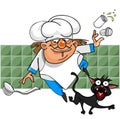 Unsuccessful cartoon cook stumbles on a black cat and loses salt