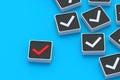 Unsuccessful check. Red check mark on button. Reject startup project. Unacceptable offer. Contract cancellation