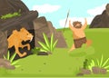 Unsuccessful hunting, character male, saber toothed tiger from cave attack man with spear, flat vector illustration Royalty Free Stock Photo