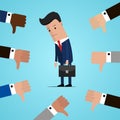 Unsuccessful and sad businessman and many hands with thumbs down. Dislikes and negative feedback concept. Vector illustration Royalty Free Stock Photo