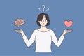 Unsure woman choose between brain and heart