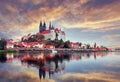 Unsurpassed Colorful Sunset. Wonderful View Albrechtsburg castle and cathedral on the River Elbe in Meissen during golden Hour,