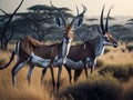 The wild beauty of two African antelopes walking in the savanna