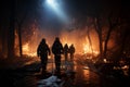 Untamed forest blaze, night shift, valiant firefighters at work