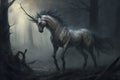 Untamed Unicorn with a Dark Coat and Fiery Eyes for Fantasy Posters.