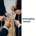 Untangling Issues Collaboration Close up Hands Untangling Complex Beige Rope Knot Three Pairs of Hands on Intricate Knots Problem Royalty Free Stock Photo