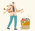 Untidiness Concept. Sloppy Male Character in Hipster Clothes and Hairstyle with Things Fall down of Backpack Royalty Free Stock Photo