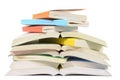 Books, untidy pile, open, isolated white background
