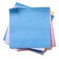 Untidy pile various colors sticky post notes isolated on white blue top
