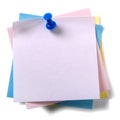 Untidy pile various colors sticky post notes with pushpin isolated