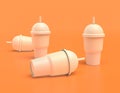 Untidy scattered slurpee cups white plastic slurpy caffee container in yellow orange background, flat colors, single color, 3d