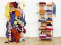 Before untidy and after tidy wardrobe with colorful winter clothes and accessories. Royalty Free Stock Photo