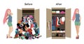 Before untidy and after tidy wardrobe with a girl. A lot of cheap, unfashionable, old messy clothes thrown out of closet
