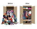 Before untidy and after tidy wardrobe. Messy clothes thrown on a shelf and nicely arranged clothes in piles and boxes.