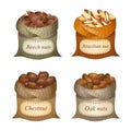 Untied sacks with batch of nuts and text labels on them