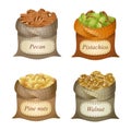 Untied sacks with batch of nuts and text labels on them Royalty Free Stock Photo