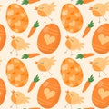 Pattern seamless with orange Easter eggs, chicken bird and carrot. Happy easter holiday elements.