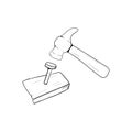 Nail Hammer icon in doodle sketch lines. Construction tool work carpenter nail wood Royalty Free Stock Photo