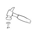 Nail Hammer icon in doodle sketch lines. Construction tool work carpenter nail wood Royalty Free Stock Photo