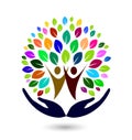 Hand with family colorful tree logo icon element on white background.