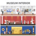 Cute cartoon visitors and guide characters in art museum. Royalty Free Stock Photo