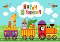 Poster funny animals ride the train Happy Birthday