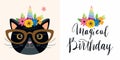 Birthday cards set with funny unicorn cat and hand lettering