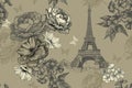 Eiffel Tower With Roses, Phloxes And Butterflies On A Vintage, Seamless Background. Hand-drawn,  Illustration.