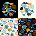 Aquatic collection with seamless patterns and round compositions Royalty Free Stock Photo