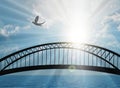 Bridge above lake at sunset, bird flying Royalty Free Stock Photo