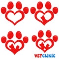 Red Love Paw Silhouette Print Logo Flat Design Set 3. Vector Collection Royalty Free Stock Photo