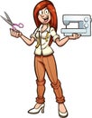 Cartoon happy seamstress woman holding a pair of scissors and a sewing machine