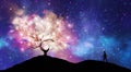 Tree of knowledge, man silhouette, cosmos, shining stars universe sky Royalty Free Stock Photo