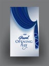 Grand opening Party banner with blue elegant curtain with fringe.