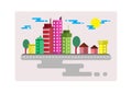Town and village with blue sky illustration in flat. Royalty Free Stock Photo