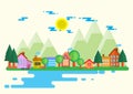 Town and village with blue sky illustration in flat. Royalty Free Stock Photo