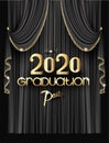 Elegant graduation party invitation card with black curtains with fringe.