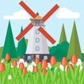 Geometric illustration of a windmill and field of tulips on a side of trees.
